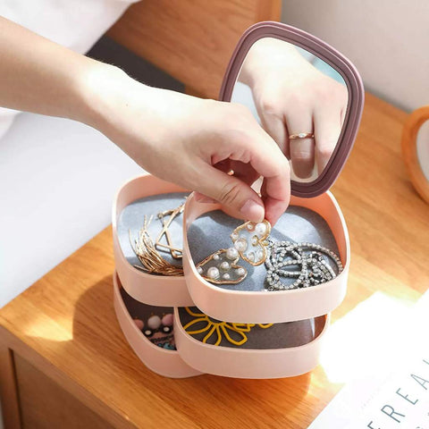 Rotatable 4 Layer Jewelry Organizer With Mirror